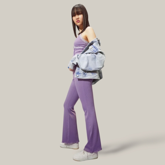 Purple Flare Rib-knit Pants with Lettuce Trim - Picture 2 of 14